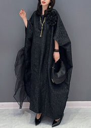 Plus Size Black Floral Tulle Patchwork Cotton Long Dresses Summer