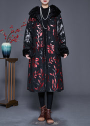 Plus Size Black Fur Collar Print Warm Fleece Coats Winter
