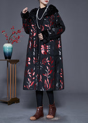 Plus Size Black Fur Collar Print Warm Fleece Coats Winter