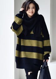 Plus Size Black Green Colour O-Neck Striped Patchwork Cotton Knit Sweaters Fall