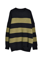 Plus Size Black Green Colour O-Neck Striped Patchwork Cotton Knit Sweaters Fall