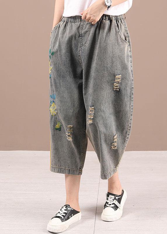 Plus Size Black Grey Elastic Waist Embroideried Jeans Pants - SooLinen