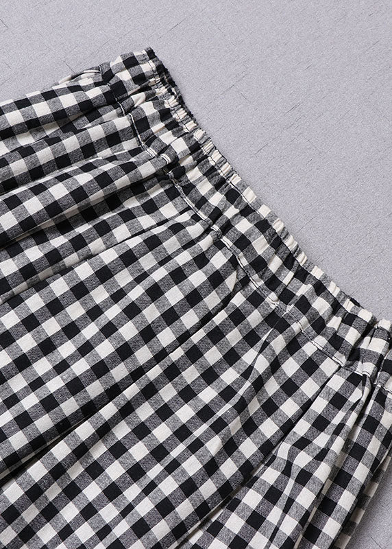 Plus Size Black Grey Plaid Cinched Pockets a line skirts Spring