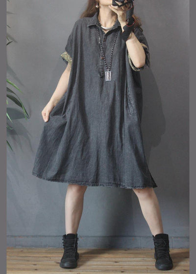 Plus Size Black Grey Turn-down Collar  Button Summer Maxi Dresses - SooLinen