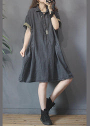 Plus Size Black Grey Turn-down Collar  Button Summer Maxi Dresses - SooLinen