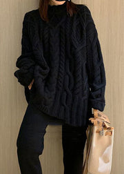 Plus Size Black High Neck Oversized Cable Knit Sweater Tops Winter