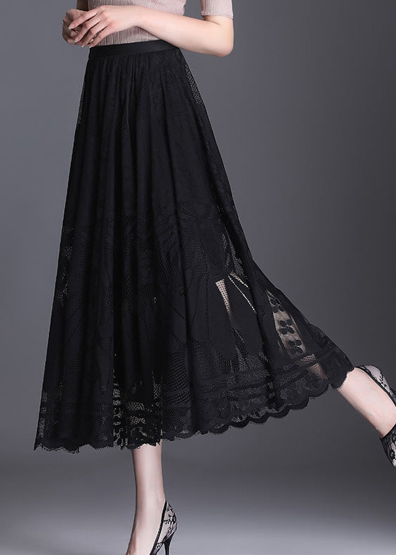 Plus Size Black High Waist Lace Patchwork Hollow Out Tulle Maxi Skirt Spring