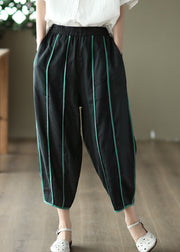 Plus Size Black High Waist Pockets Striped Linen Crop Pants Summer
