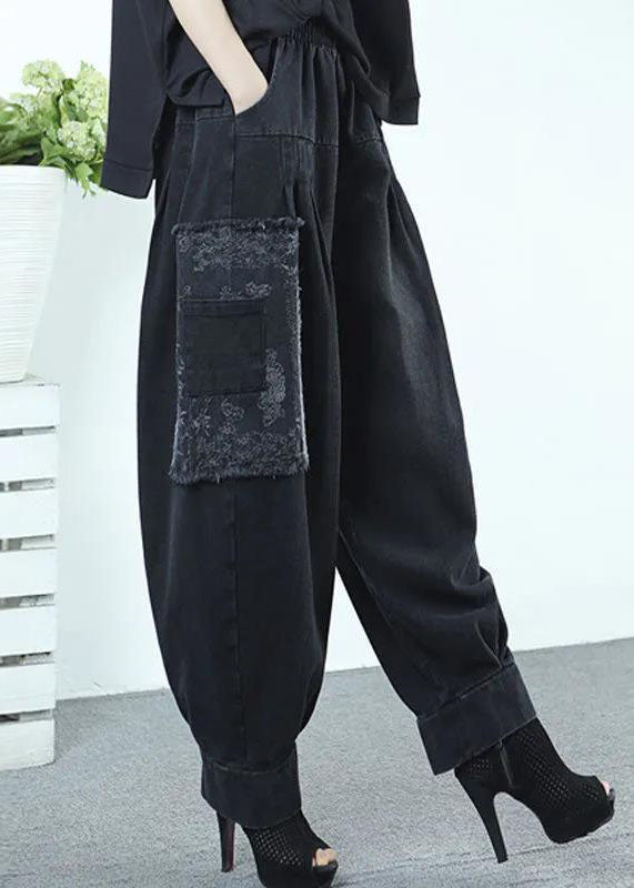 Plus Size Schwarz Hohe Taille Taschen Gefaltete Patchwork-Applikation Baumwolle Haremshose Herbst