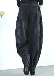 Plus Size Black High Waist Pockets Wrinkled Patchwork Applique Cotton Harem Pants Fall