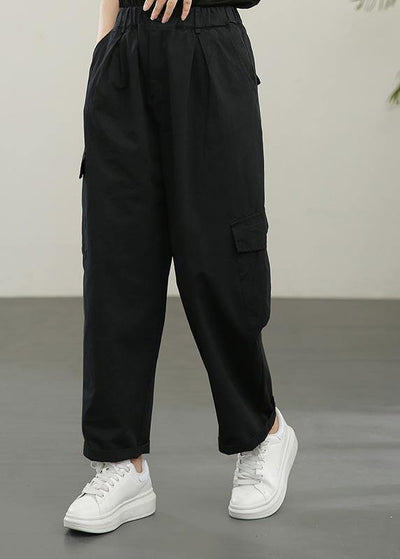 Plus Size Black High Waist pockets Pants Summer - SooLinen