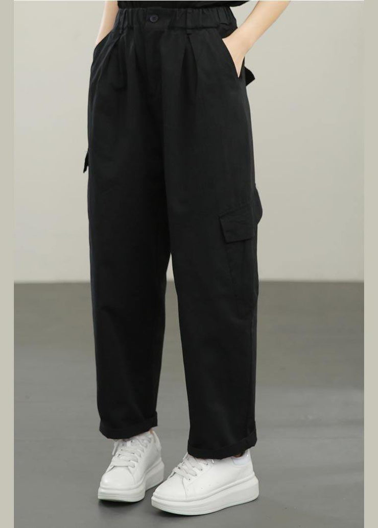 Plus Size Black High Waist pockets Pants Summer - SooLinen