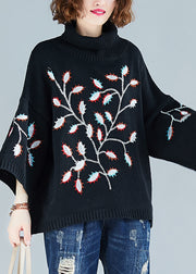 Plus Size Black Hign Neck Embroideried Knit Short Sweater Spring