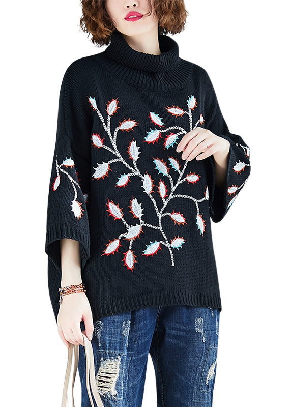 Plus Size Black Hign Neck Embroideried Knit Short Sweater Spring