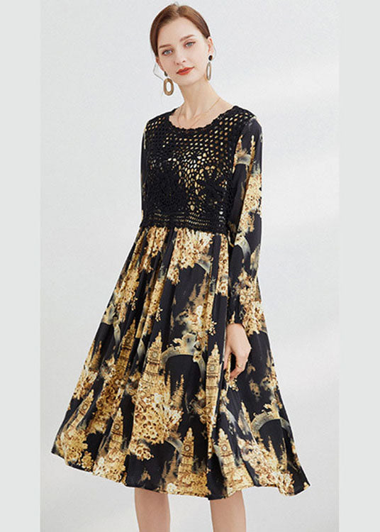 Plus Size Black Hollow Out Print Dress Spring