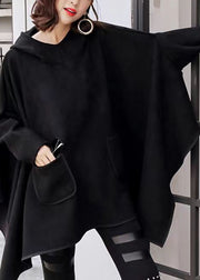 Plus Size Black Hooded Asymmetrical Design Patchwork Faux Suede Sweatshirt Fall