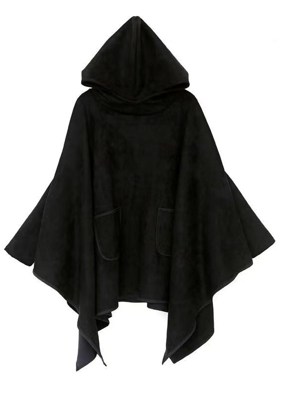 Plus Size Black Hooded Asymmetrical Design Patchwork Faux Suede Sweatshirt Fall