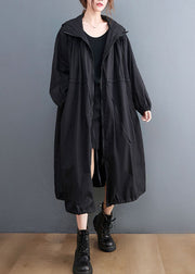 Plus Size Black Hooded Drawstring Cotton Trench Coat Spring