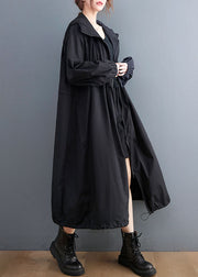 Plus Size Black Hooded Drawstring Cotton Trench Coat Spring