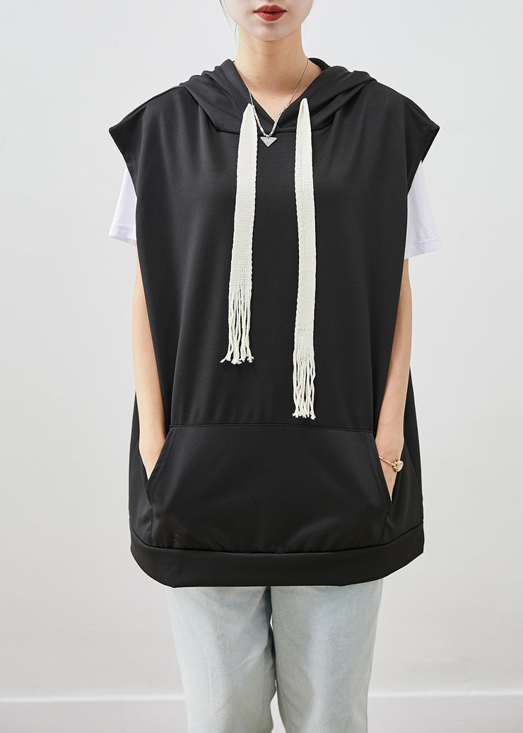 Plus Size Black Hooded Drawstring Cotton Vest Fall