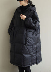 Plus Size Schwarzer Wintermantel mit Kapuze aus feiner Baumwolle