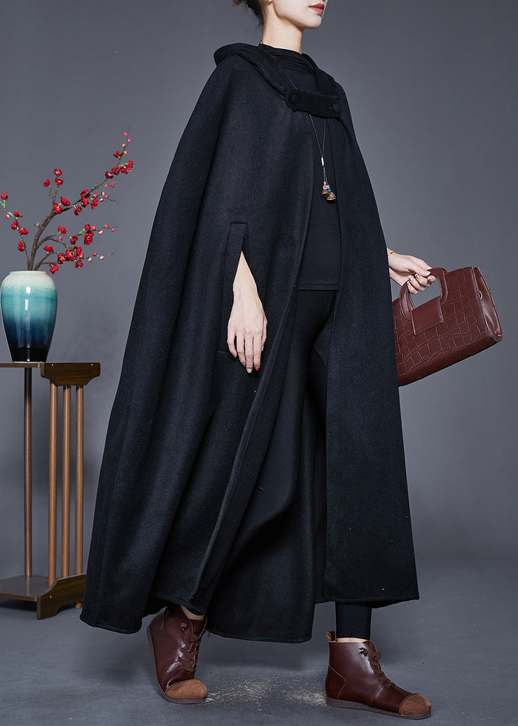 Plus Size Black Hooded Oversized Woolen Trench Cloak Sleeves