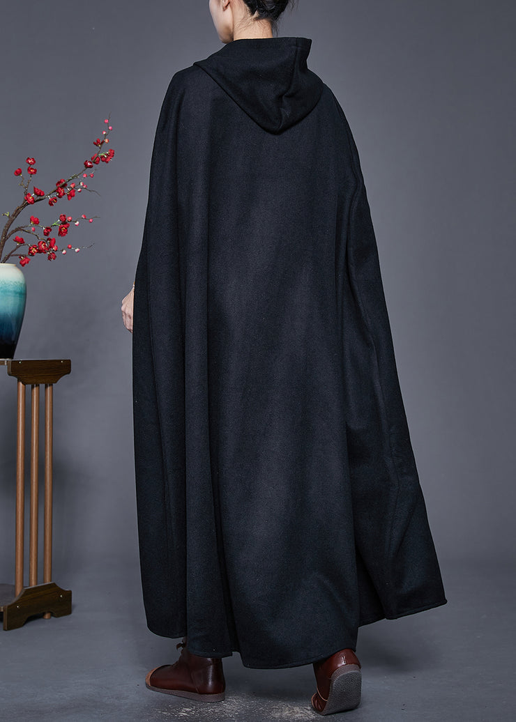 Plus Size Black Hooded Oversized Woolen Trench Cloak Sleeves