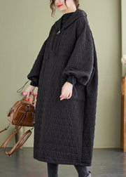 Plus Size Black Hooded Patchwork Fine Cotton Filled Dresses Winter