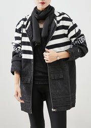 Plus Size Black Hooded Patchwork Striped Fine Cotton Filled Denim Jacket Witner
