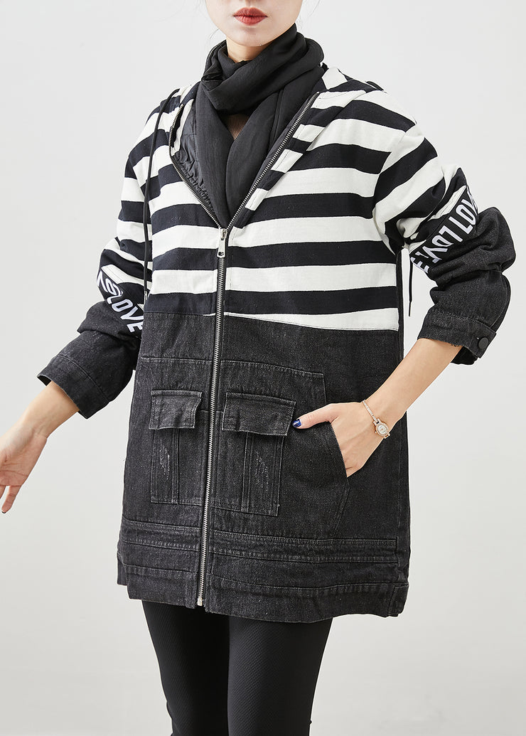 Plus Size Black Hooded Patchwork Striped Fine Cotton Filled Denim Jacket Witner