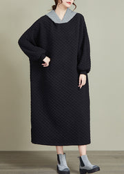 Plus Size Black Hooded Patchwork Thick Long Dresses Long Sleeve