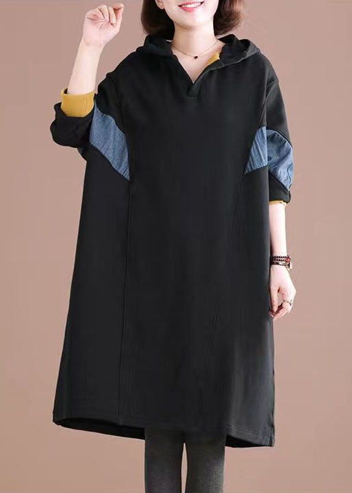 Plus Size Black Hooded Patchwork Warm Fleece Loose Sweatshirt Dress Winter
