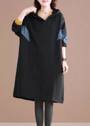 Plus Size Black Hooded Patchwork Warm Fleece Loose Sweatshirt Dress Winter
