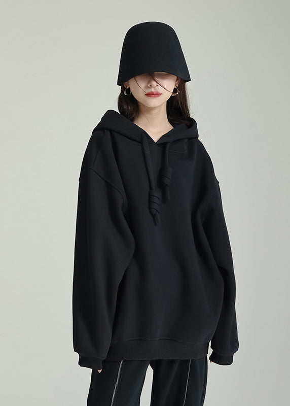 Plus Size Black Hooded Patchwork Warm Fleece Sweatshirts Tracksuits Winter