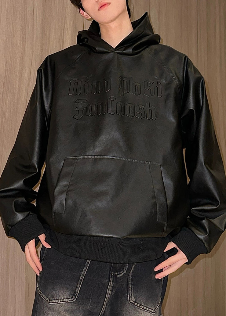 Plus Size Black Hooded Pockets Faux Leather Neutral Sweatshirt Long Sleeve