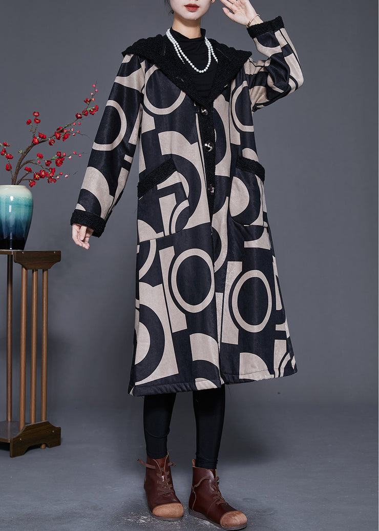 Plus Size Black Hooded Print Fleece Wool Lined Trench Winter