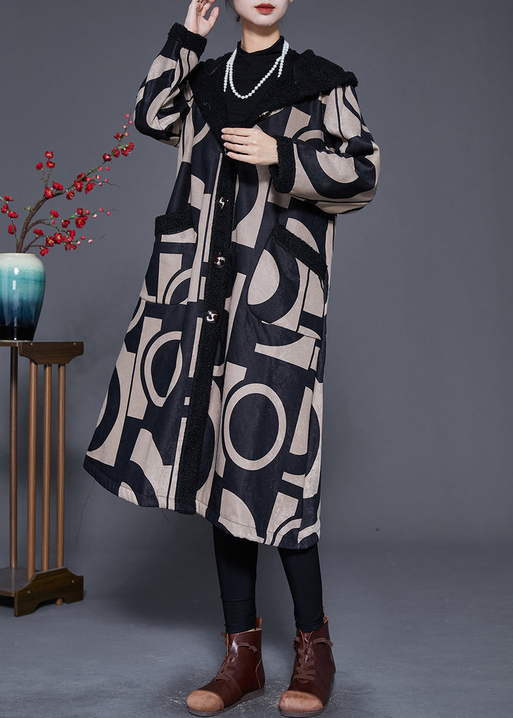 Plus Size Black Hooded Print Fleece Wool Lined Trench Winter