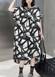 Plus Size Black Hooded Print Patchwork Silk Cotton Long Dress Summer