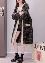 Plus Size Black Hooded Striped Warm Knit Long Cardigans Spring