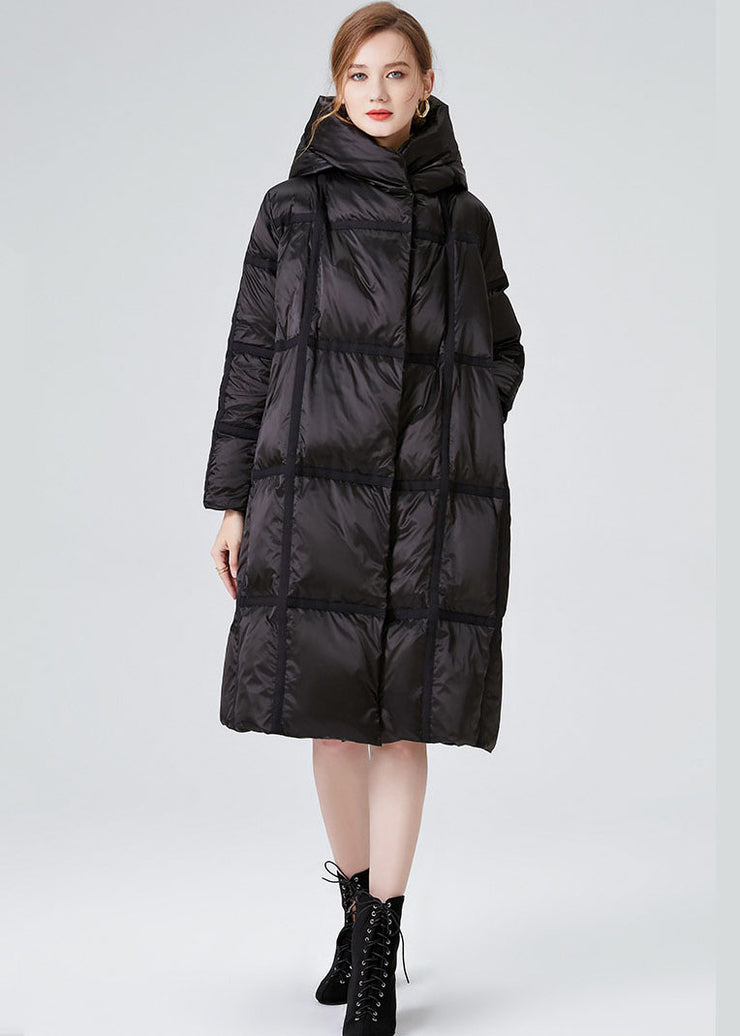 Plus Size Black Hooded Zip Up Duck Down Jacket In Winter