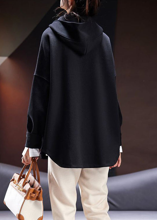Plus Size Black Hooded Zippered Pockets Cotton Sweatshirt Long Sleeve