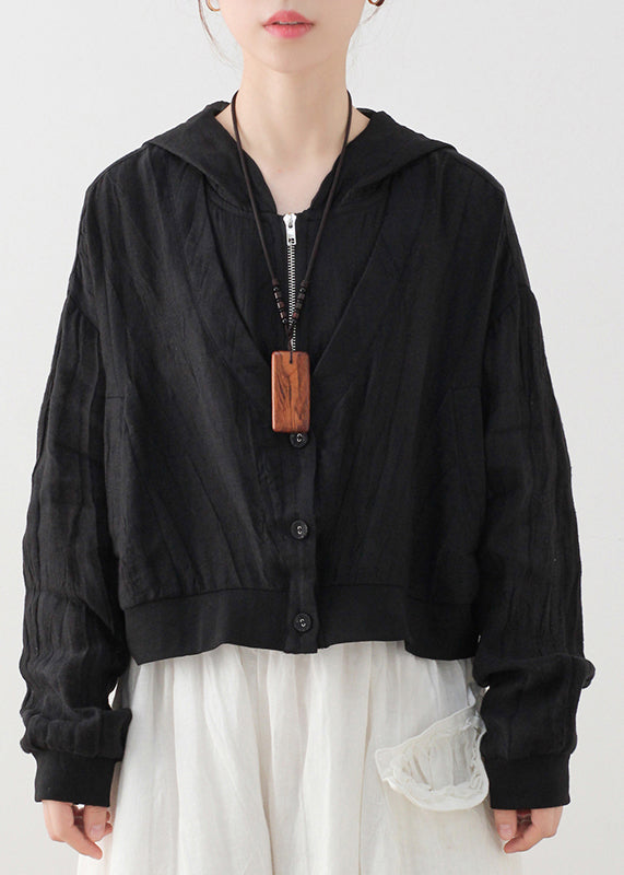 Plus Size Schwarzer Kapuzen-Taschen mit Reißverschluss Leinenmantel mit langen Ärmeln