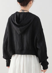 Plus Size Black Hooded zippered Pockets Linen Coat Long Sleeve