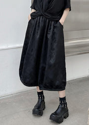 Plus Size Black Jacquard High Waist Patchwork Silk Lantern Pants Fall