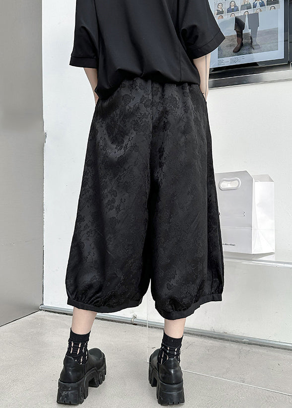Plus Size Black Jacquard High Waist Patchwork Silk Lantern Pants Fall