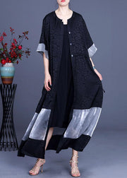 Plus Size Black Jacquard Patchwork Silk Cardigans Long - SooLinen