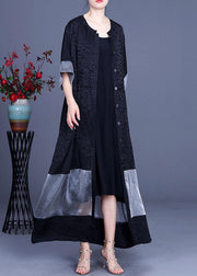 Plus Size Black Jacquard Patchwork Silk Cardigans Long - SooLinen