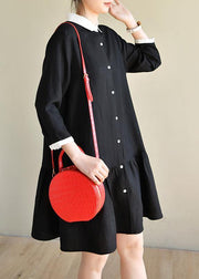 Plus Size Black Long sleeve Peter Pan Collar Patchwork Spring Cotton Dress - SooLinen