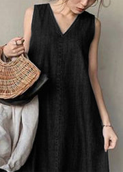Plus Size Black Necek Tie Patchwork Solid Holiday Maxi Denim Dress Sleeveless
