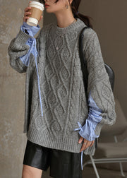 Plus Size Black O Neck Drawstring  Cotton Knit Sweaters Fall
